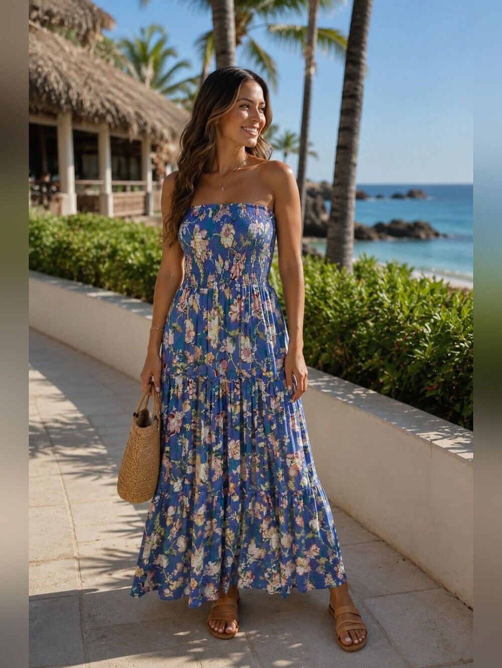 Anthropologie Sunday Mi Amor Blue Floral Strapless Smocked Maxi Dress Medium
